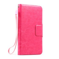 Samsung Galaxy S5 SM-G900 Slim Flip Leather Wallet TPU Case with Strap and Stand (Hot Pink)